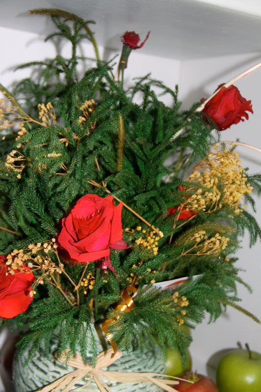 Preserved flower arrangement in decoration pot