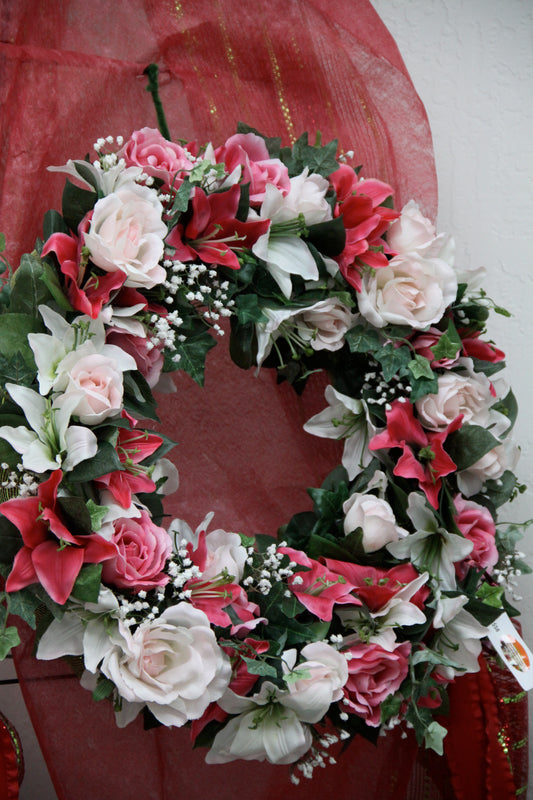 Silk wreath with oriental lily and rose, 20"